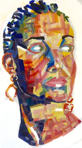 Bold multicoloured painted self-portrait