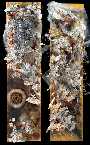 Mixed-media panels of foil, wire and found objects