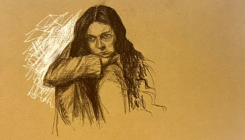 Charcoal drawing of a girl with long hair on brown paper