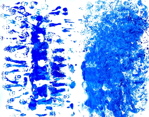 Two panels of blue handprints