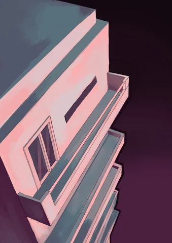 Painting of a pink apartment building seen from below