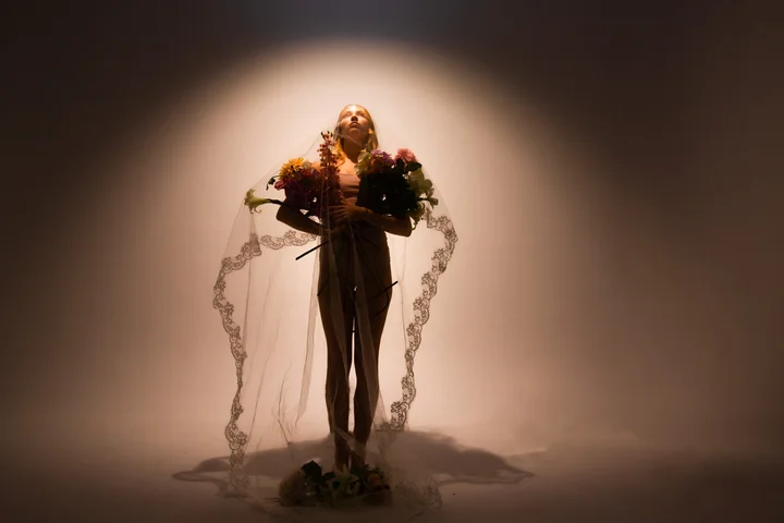 A figure holding flowers in a bridal veil, lit from behind