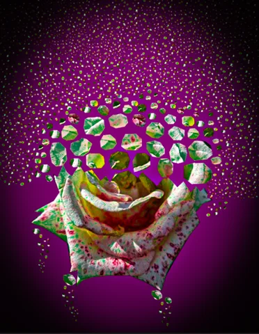 A rose breaking into fragments against a magenta background