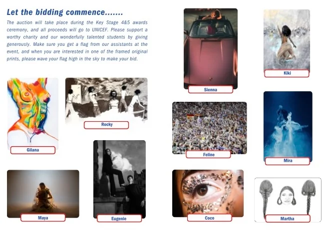 A page from the 2025 auction catalogue showing the student works