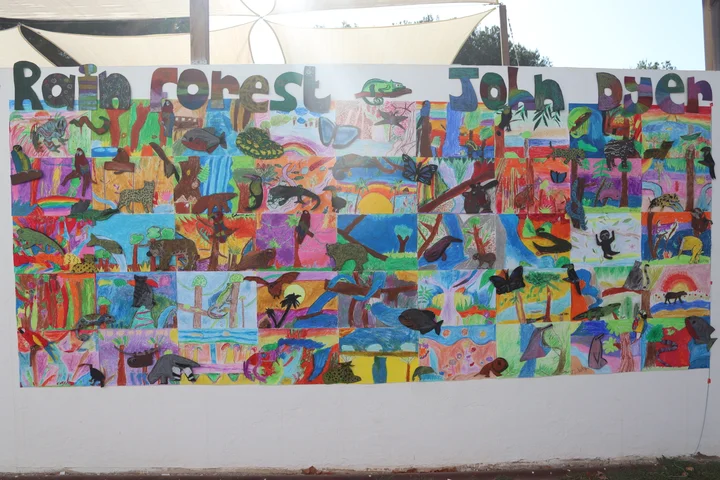 A long wall of rainforest artwork inspired by John Dyer