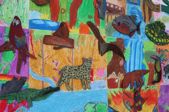 Rainforest paintings of a macaw, a jaguar and a crocodile