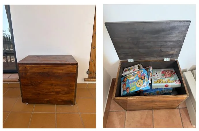 A wooden storage chest, shown closed and open