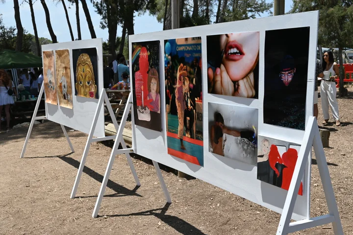 A line of exhibition boards with visitors behind