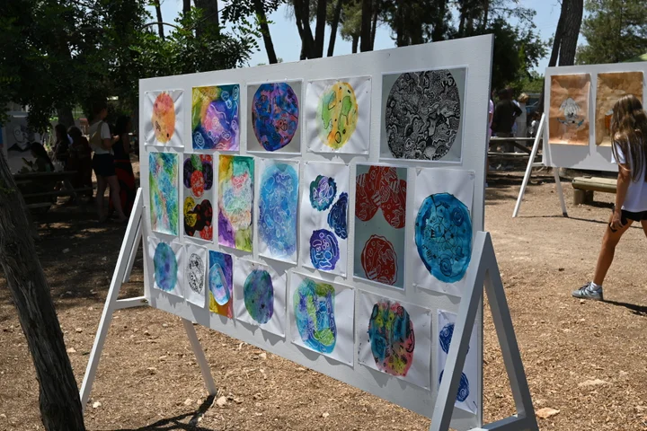 Colourful circular prints displayed together