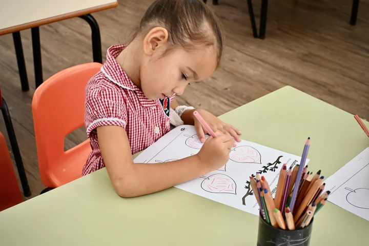 A Reception pupil colouring autumn leaf patterns with pencils