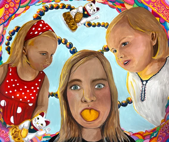 Painting of three children with oranges and lucky cats