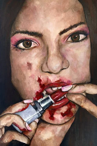 Painted close-up of a face with smeared red lipstick