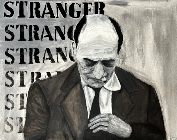 Black and white painting of an old man with the word Stranger repeated