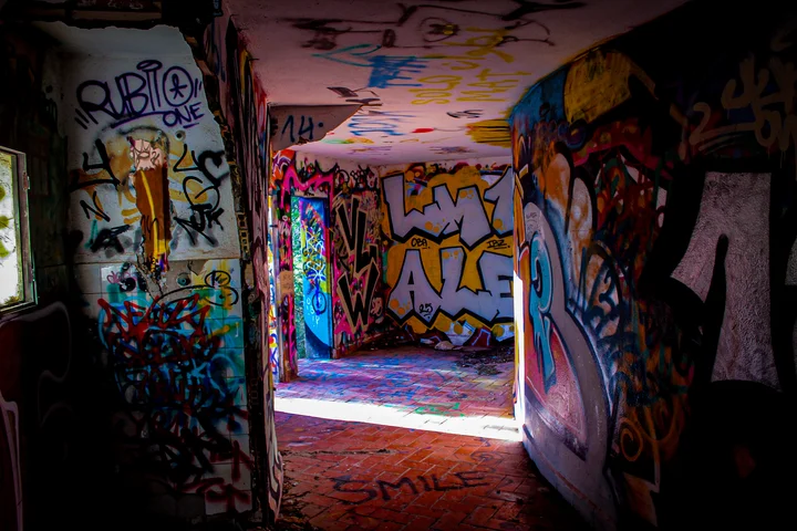 A graffiti-covered abandoned building