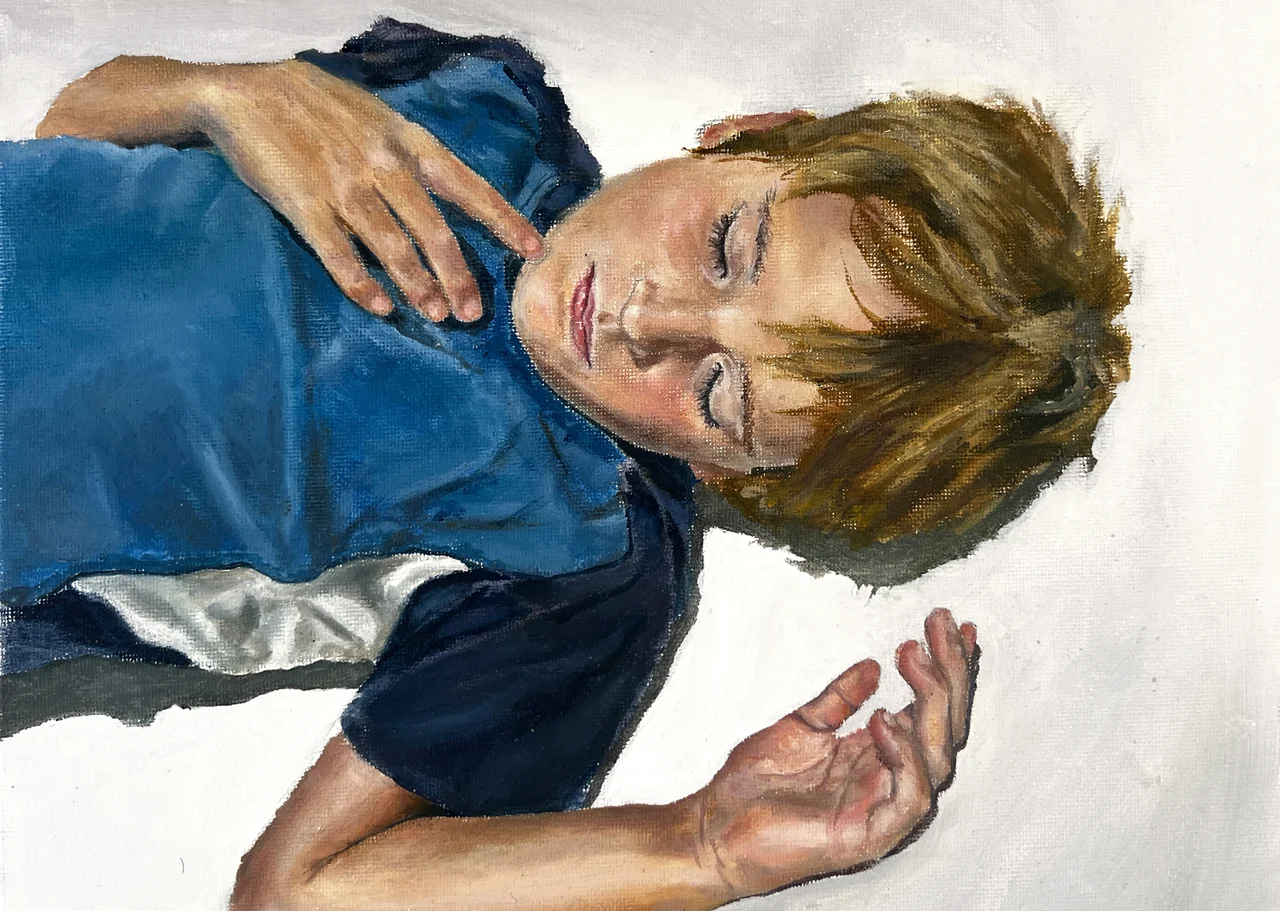 Oil painting of a boy in a blue shirt lying asleep, one hand resting on his chest