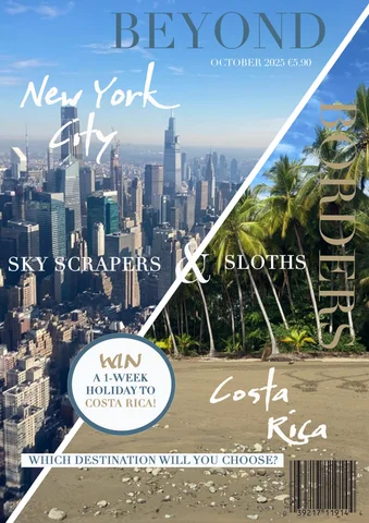 Student magazine cover for Beyond Borders, comparing New York City and Costa Rica