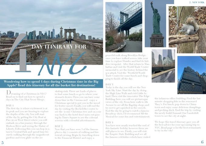 Magazine spread with a four-day travel itinerary for New York City