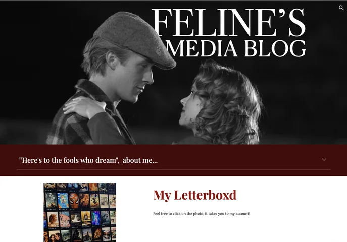 Home page of Feline's Media Blog, with a black-and-white film still as its banner