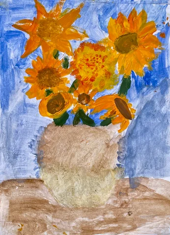 Painting of sunflowers in a vase, in the style of Van Gogh