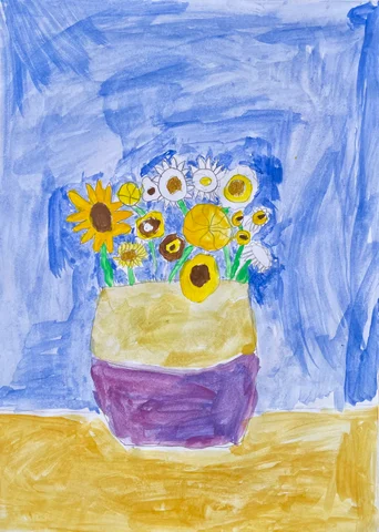 Watercolour of sunflowers and daisies in a purple vase