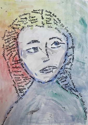 Self-portrait framed by handwritten words