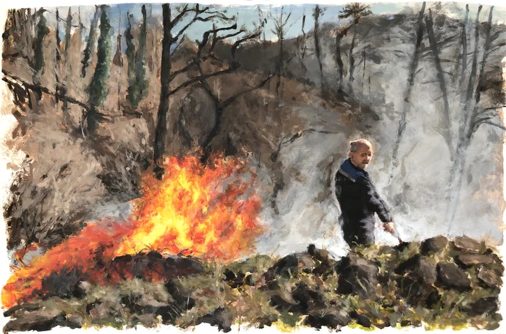 Painting of a man tending a fire in a burnt forest