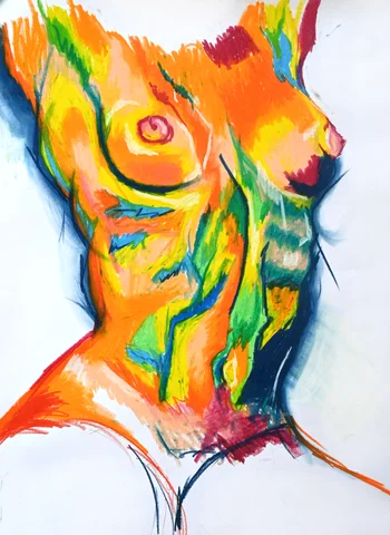 Expressive figure study in bright orange, yellow and blue