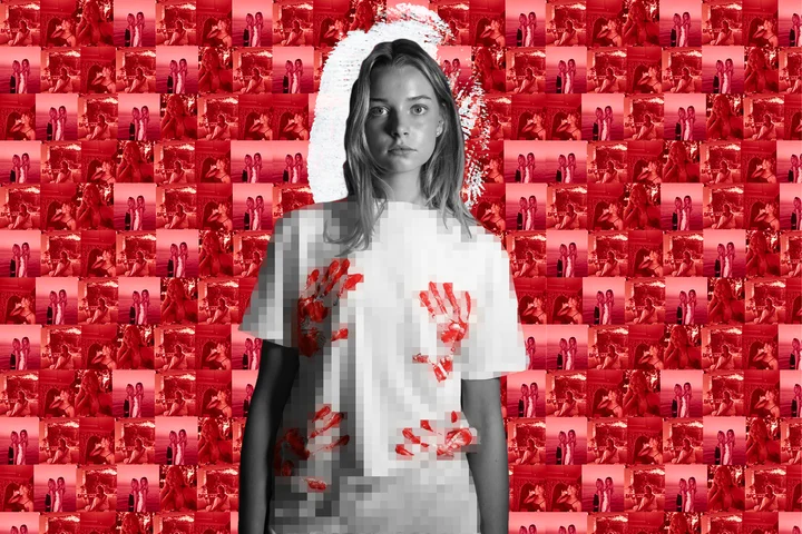 Digital collage of a girl in a white T-shirt against a red patterned background