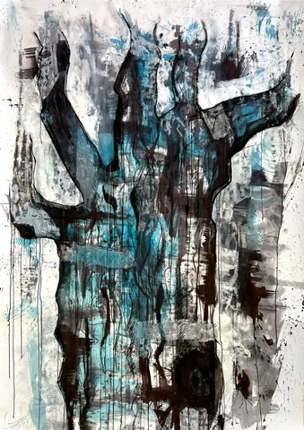 Abstract ink painting with dripping blue and black marks
