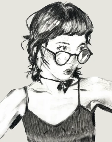 Black and white drawing of a girl wearing glasses