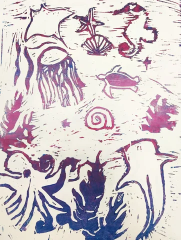 Purple and blue print of sea creatures