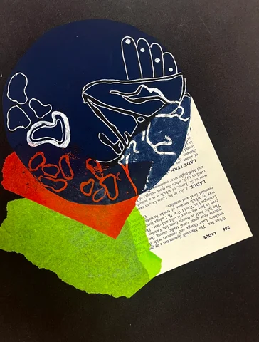 Collage of a hand drawing over coloured paper and book pages