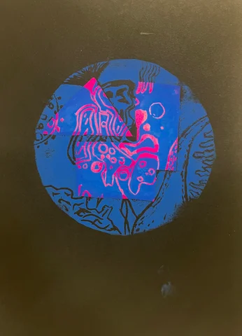 Collage print in blue and pink on a dark background