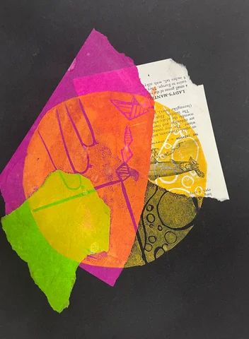 Collage of tissue paper, a book page and a line drawing