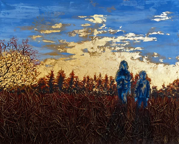Painting of two figures in a field of long grass beneath a gold-leaf sky