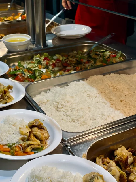 Buffet trays of rice and stir-fried dishes with plates ready to serve