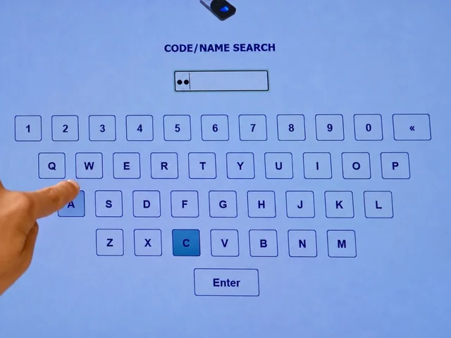 The code and name search keypad on the cashless till screen