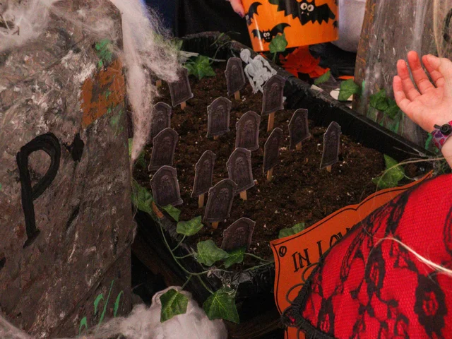 A miniature graveyard decoration made by students