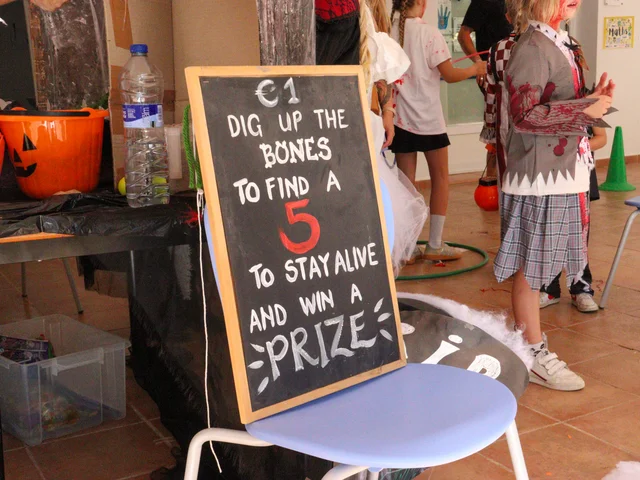 A chalkboard sign for the Dig Up the Bones game, €1 a go