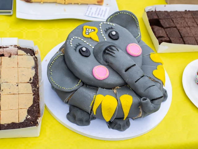An elephant cake decorated in grey fondant, surrounded by traybakes