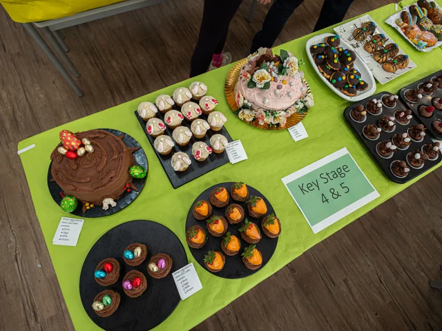 The Key Stage 4 & 5 table of Easter cakes and cupcakes