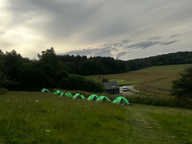 A row of green tents in a grassy field under an evening sky