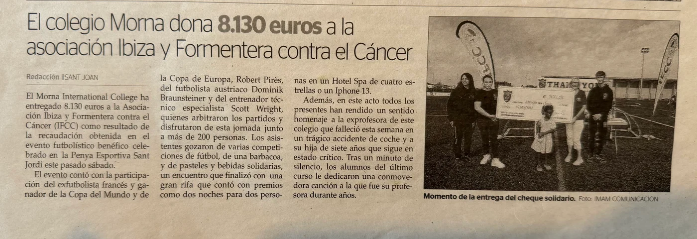 Newspaper article: Morna donates €8,130 to Ibiza y Formentera Contra el Cáncer after the football event in Sant Jordi