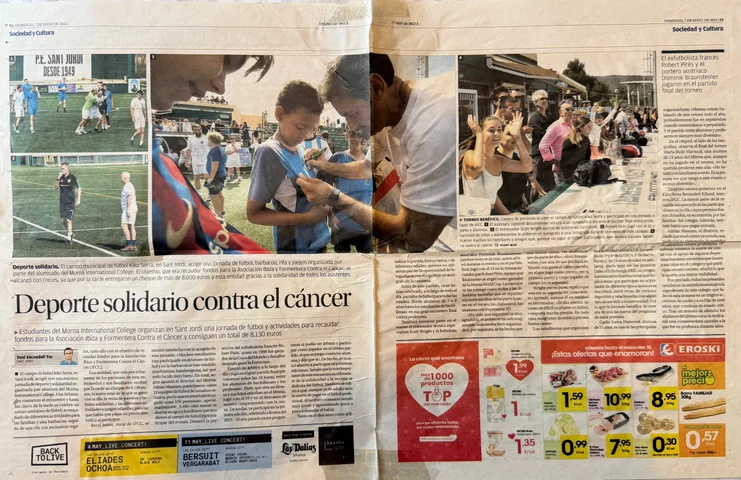 Diario de Ibiza double-page spread, May 2023: Deporte solidario contra el cáncer, with Robert Pirès at the Morna charity football day