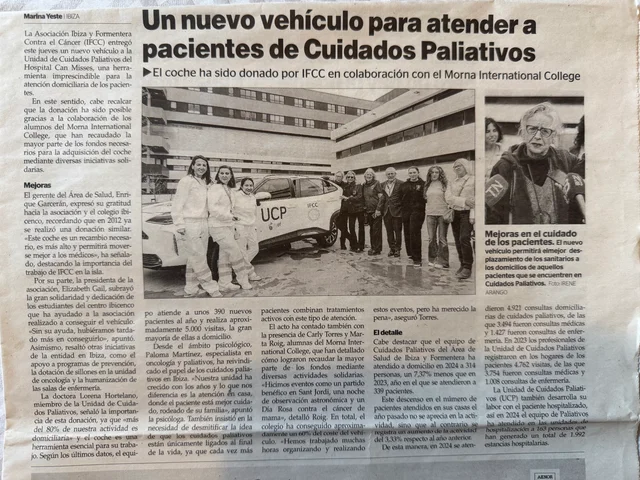 Newspaper article: a new vehicle for palliative care patients, donated by IFCC with Morna International College, at Can Misses Hospital