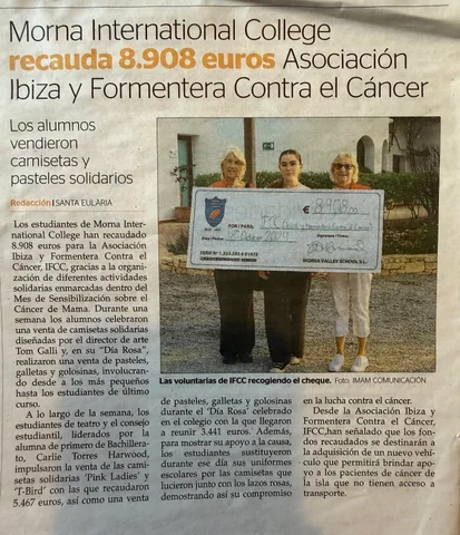 Newspaper article: Morna International College raises €8,908 for Ibiza y Formentera Contra el Cáncer, with IFCC volunteers collecting the cheque