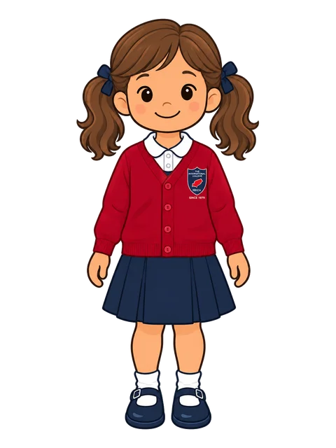 Ilustración de una niña con el cárdigan rojo de punto de Morna sobre una blusa blanca y falda plisada azul marino