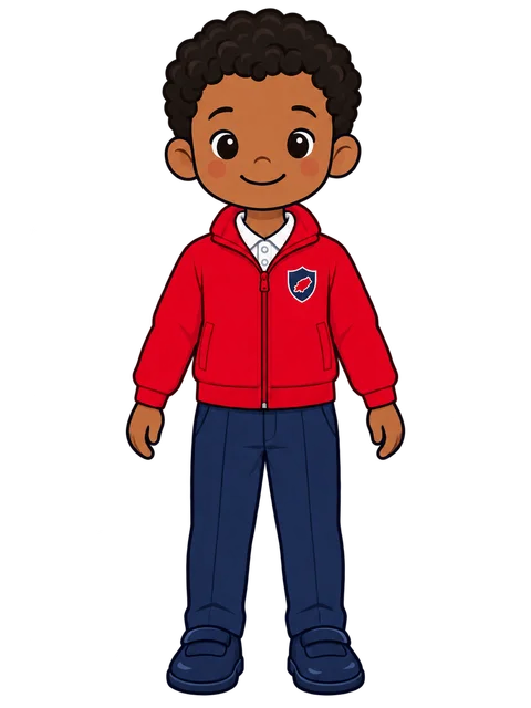 Illustration of a child in a red Morna zip-up jumper and smart navy school trousers