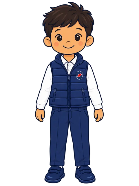 Ilustración de un niño con el chaleco azul marino de Morna, camisa blanca de manga larga y pantalón de vestir azul marino