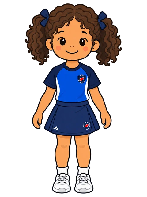 Ilustración de una niña con la camiseta deportiva de Morna y falda pantalón azul marino